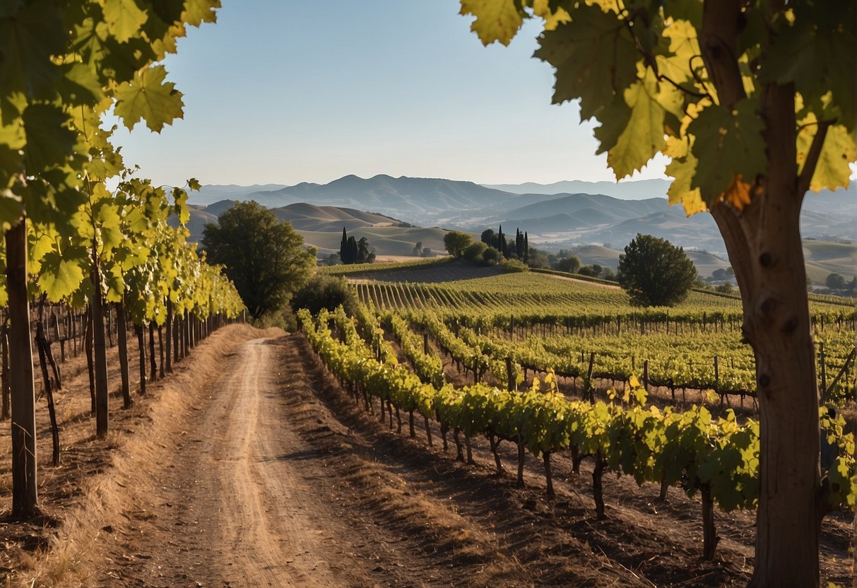 A vineyard with rolling hills, a farmhouse, and grapevines stretching into the distance. A modern art gallery with vibrant paintings and sculptures. A bustling city street with high-rise buildings and a digital billboard displaying cryptocurrency prices