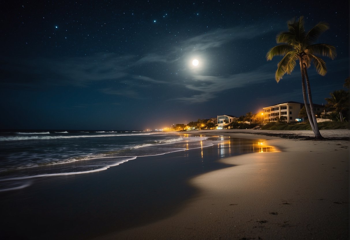 a serene coastline with moonlit waves and palm trees silhouetted against the dark sky
