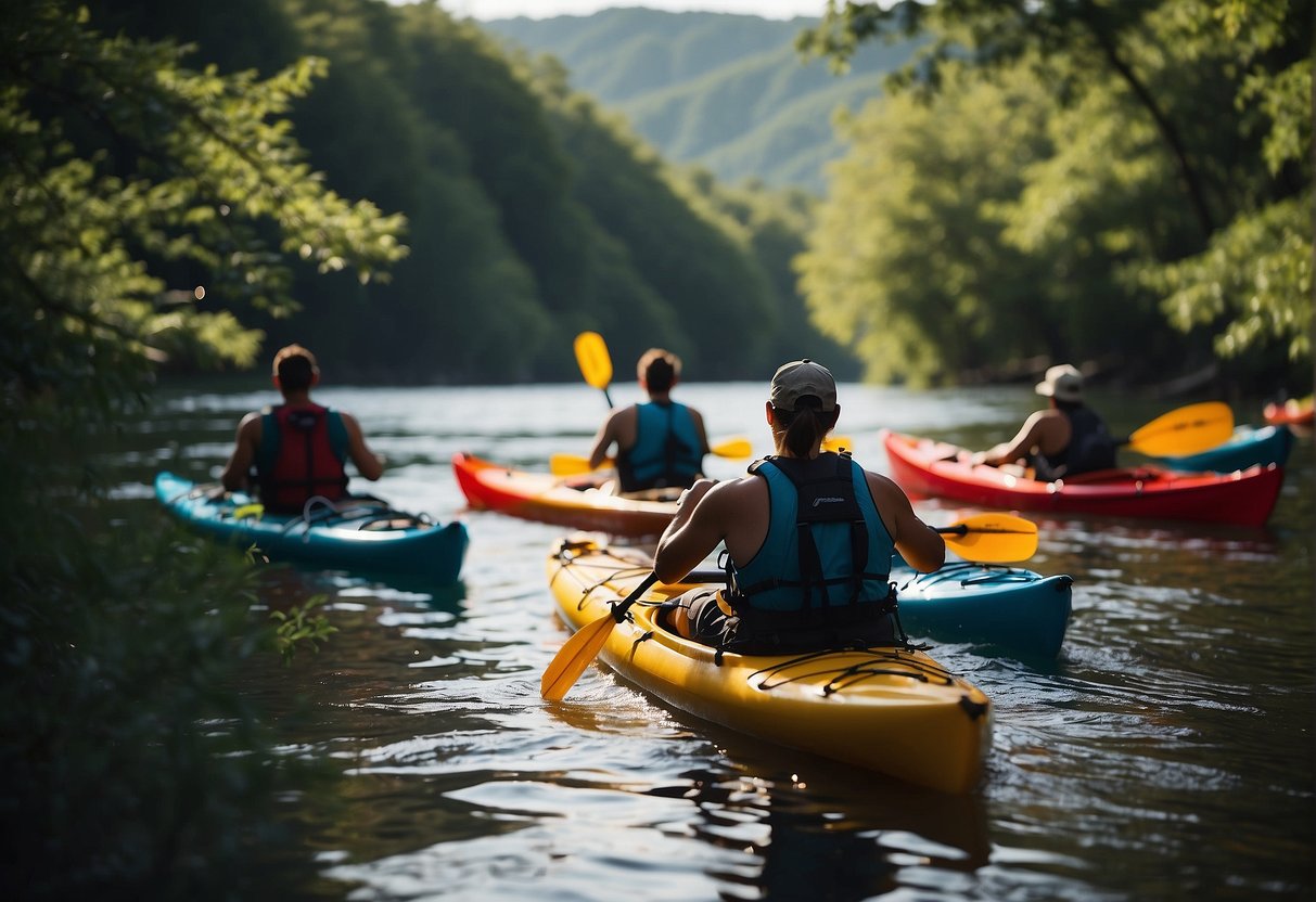 Kayakers prepare meals and fill water bottles. They exercise outdoors with kayaks