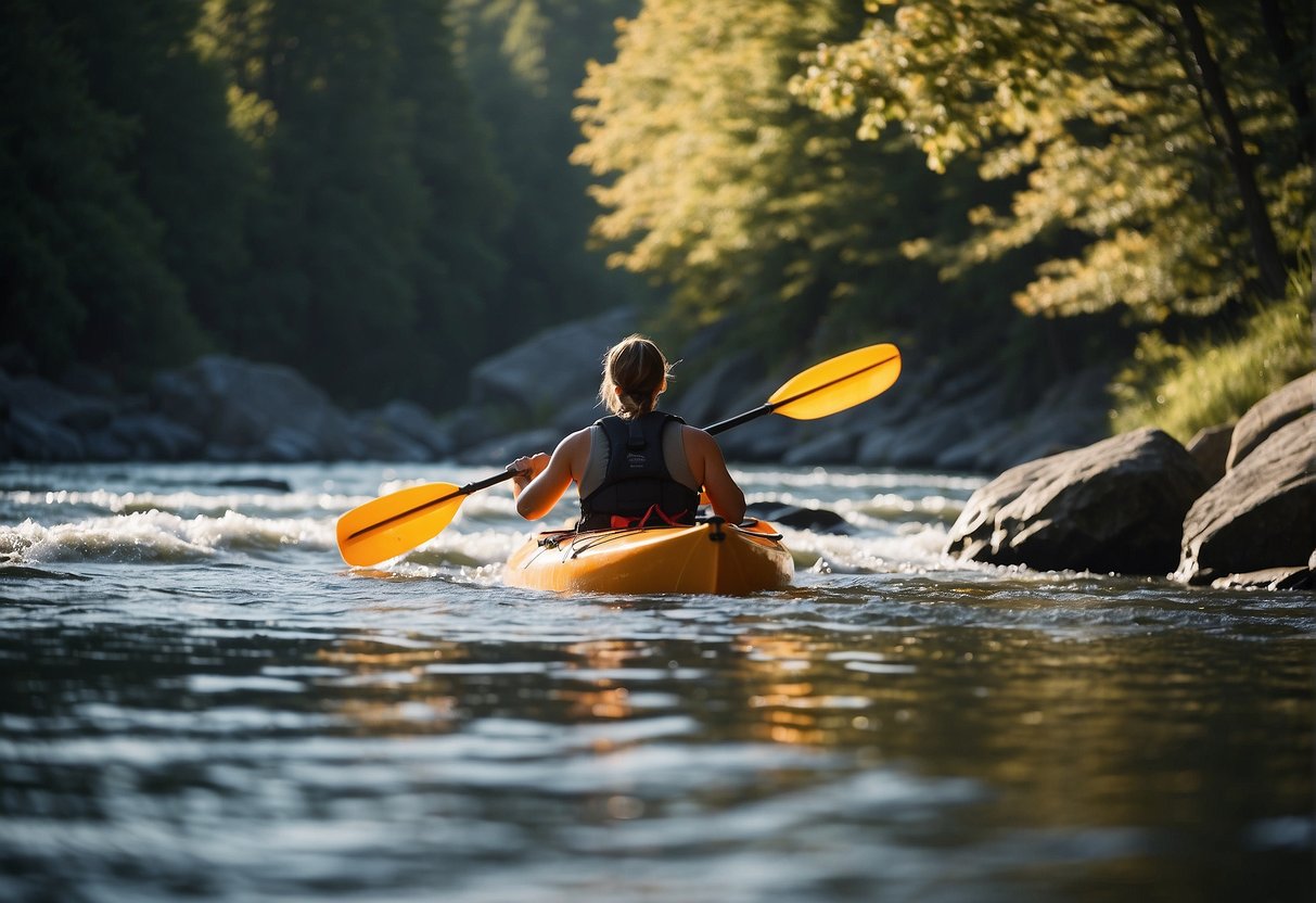 A kayaker performs lunges, squats, and core exercises on a rocky shoreline, surrounded by trees and a flowing river
