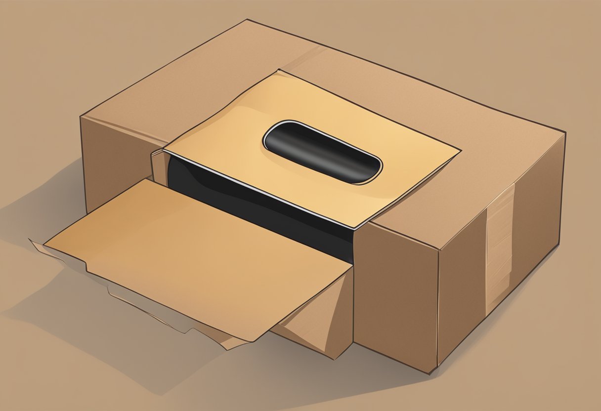 A roll of hotmelt kraft tape sits on a cardboard box, with the tape being pulled out and stretched across the box, ready to be sealed
