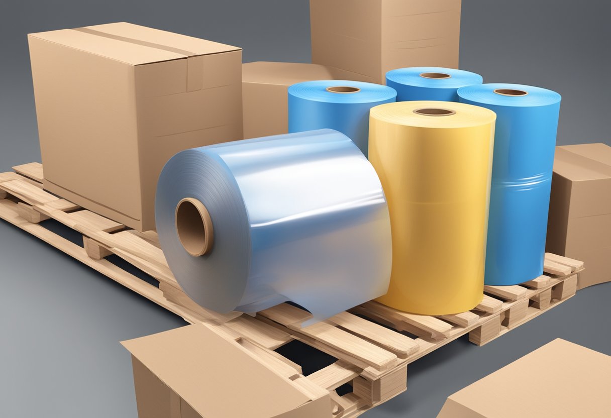 A roll of LLDPE stretch film unwinds from a dispenser, wrapping around a pallet of boxes