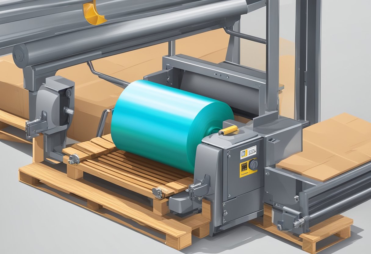 A roll of LLDPE stretch film unwinds from a dispenser, wrapping around a pallet with precision