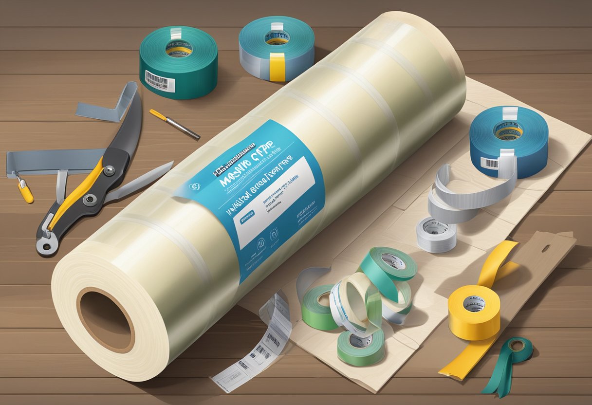 A jumbo roll of masking tape sits on a cluttered workbench. The tape is unwound, with loose ends curling up. The label on the roll is prominently displayed