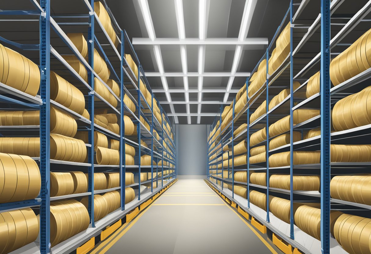 A warehouse shelf filled with rows of towering masking tape jumbo rolls