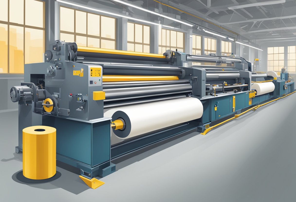 Large machines unwind and cut rolls of masking tape, then package them in a factory setting