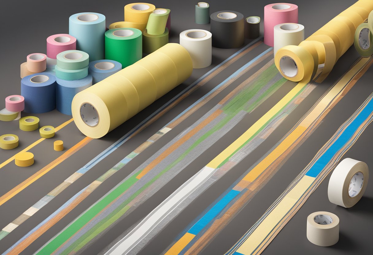 A jumbo roll of masking tape sits on a table, surrounded by various types of masking tape in different colors and widths
