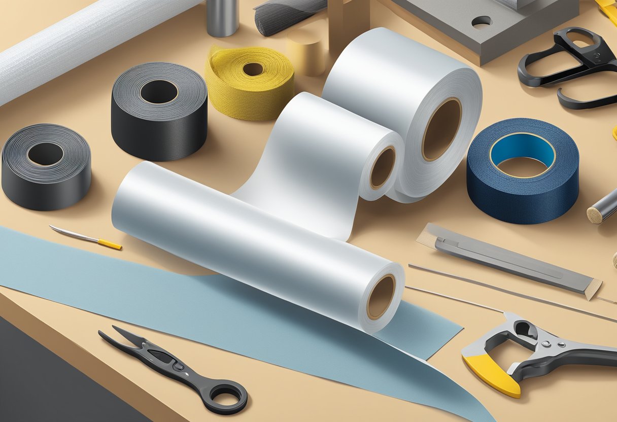 A roll of mono weave fiberglass tape unravels on a workbench, surrounded by tools and materials
