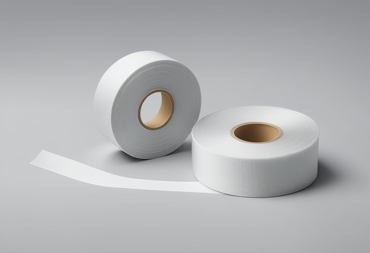 A roll of mono weave fiberglass tape lies on a clean, white surface. The tape is thin and flexible, with a smooth texture and a uniform, woven pattern. The packaging displays the product's properties and specifications