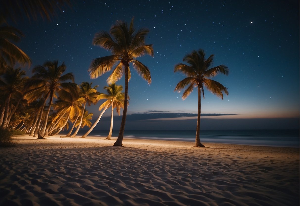 The beach at night in Florida: palm trees swaying in the gentle breeze, a moonlit shoreline, and the sound of waves crashing against the sand