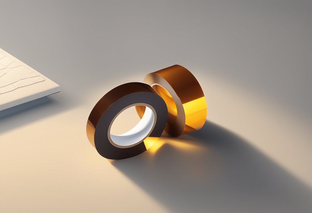 A roll of no residue Kapton tape sits on a clean work surface, with its shiny, amber-colored surface catching the light