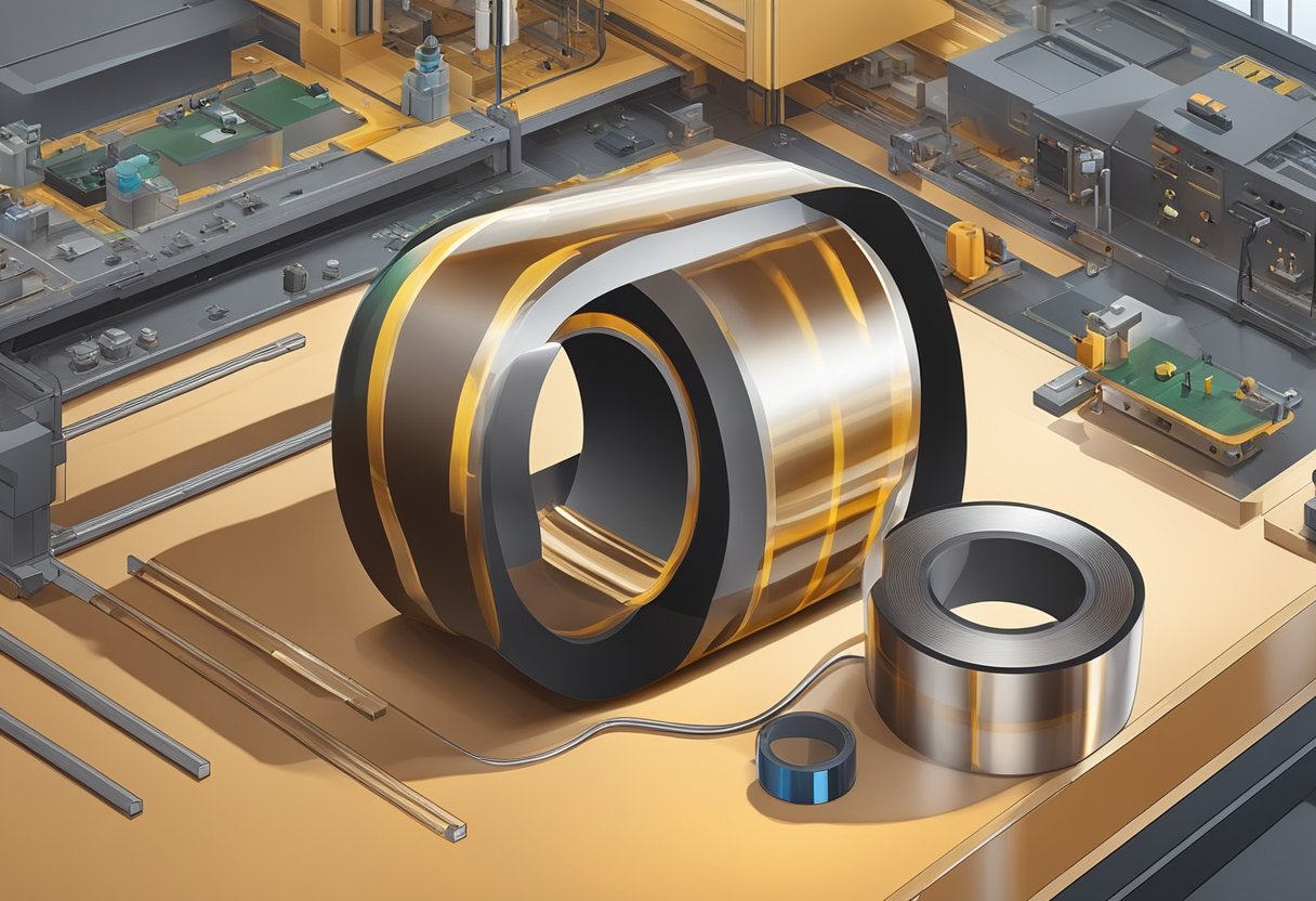 A roll of no residue Kapton tape sits on a workbench, with a clean and smooth application on a circuit board