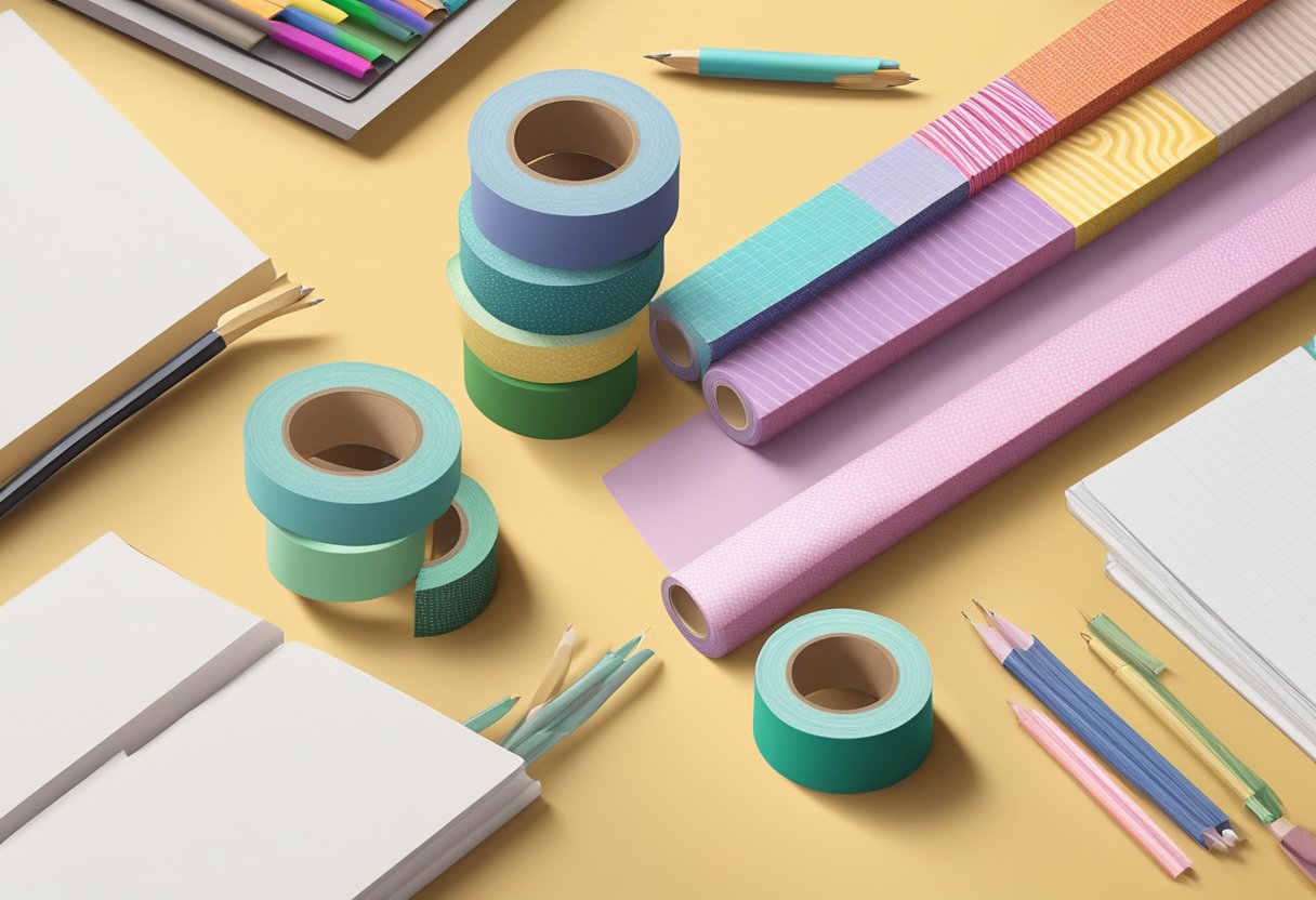Colorful washi tape rolls arranged on a desk with various stationery items. Tape being used on paper and easily removed without leaving residue