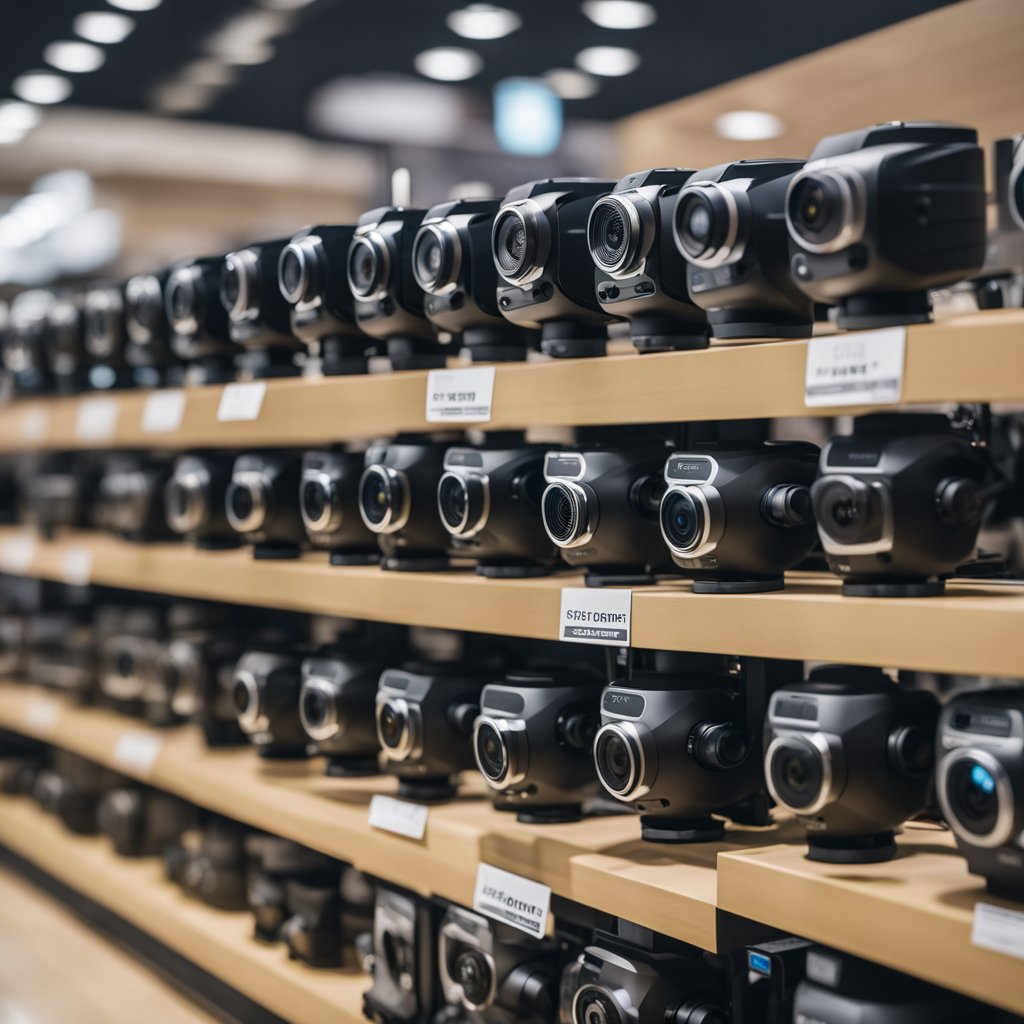 A lineup of DJI drone cameras displayed with price tags in an Indian retail store