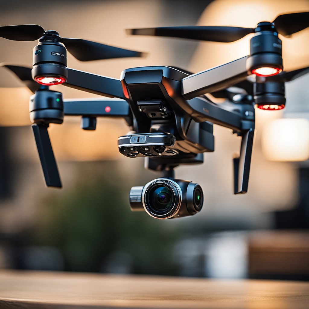 A DJI drone camera sits on a table, with its sleek design and advanced features on display. The price tag is visible, adding to the allure of the high-tech gadget