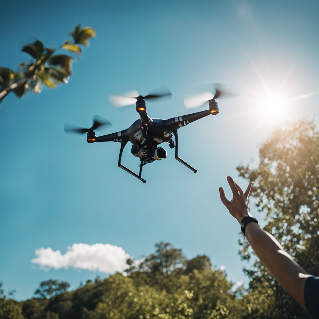A DJI drone hovers in a clear blue sky, its camera pointed downwards. A person's hand reaches up to adjust the controls