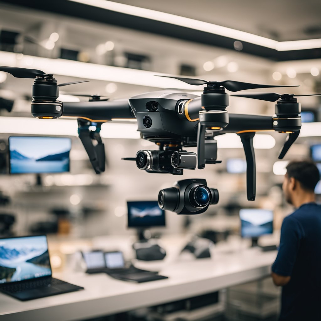 A customer selects a DJI drone camera from a display in an Indian electronics store