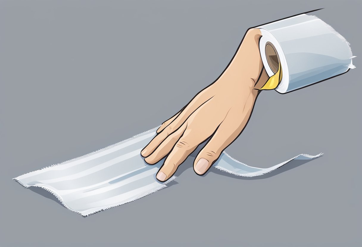 A hand tears off a strip of packing cloth tape from a roll