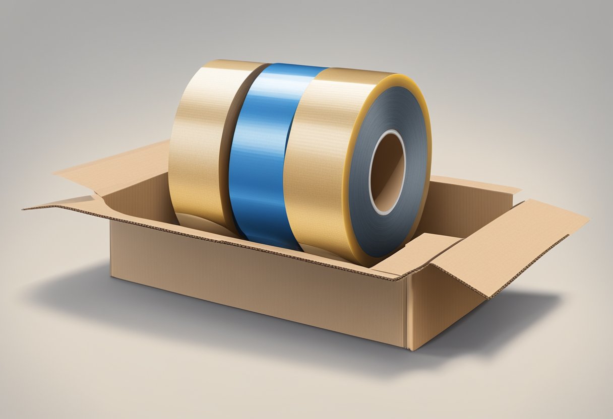 A roll of packing cloth tape, 2 inches wide and 50 yards long, sits on a cardboard dispenser with serrated edge