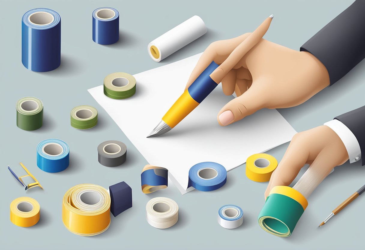 A hand holds a roll of masking tape, selecting from various types and sizes. Tables display different options and paint supplies