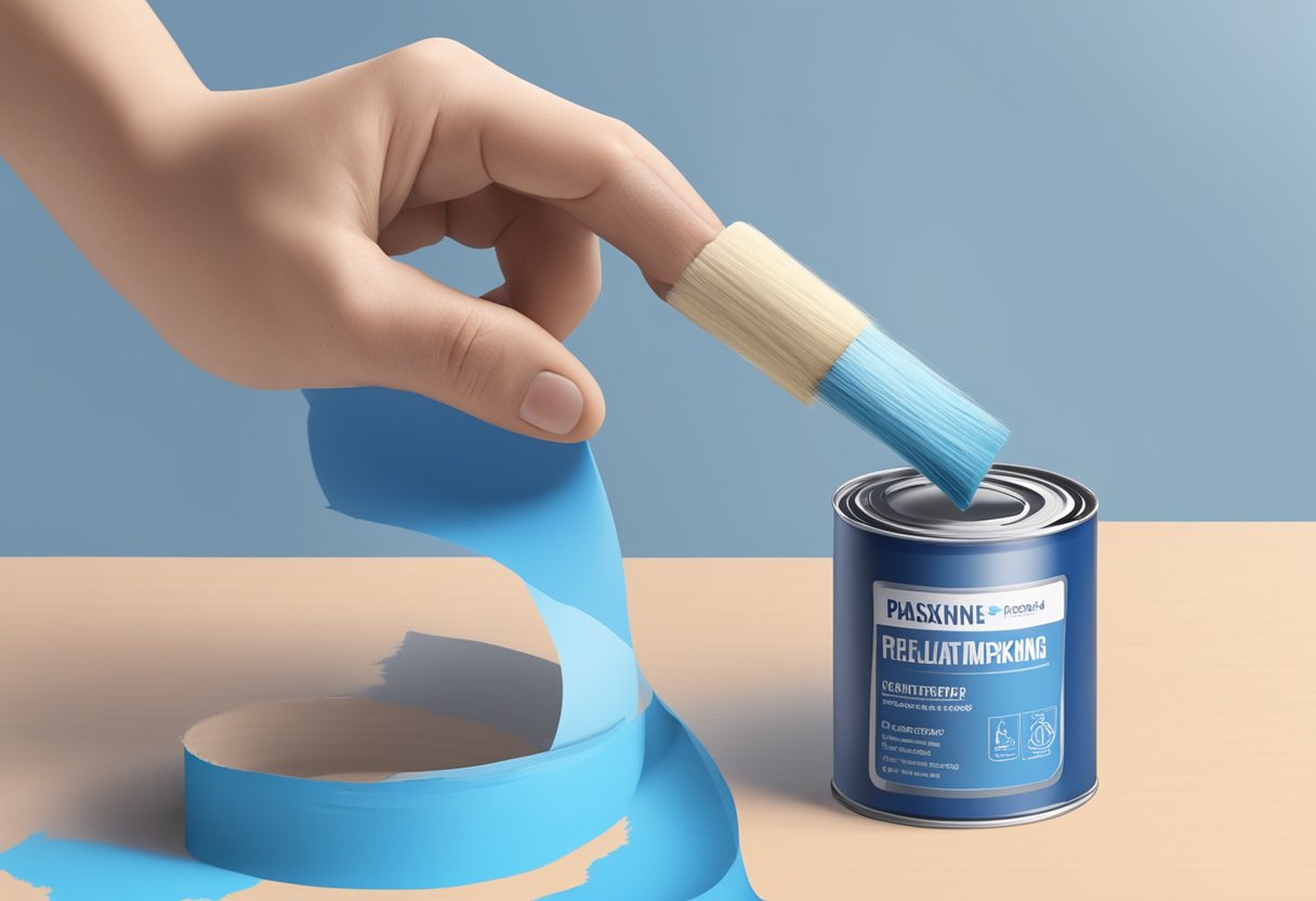 A hand holding a roll of blue pretaped covering masking film, with a paintbrush and a can of paint in the background