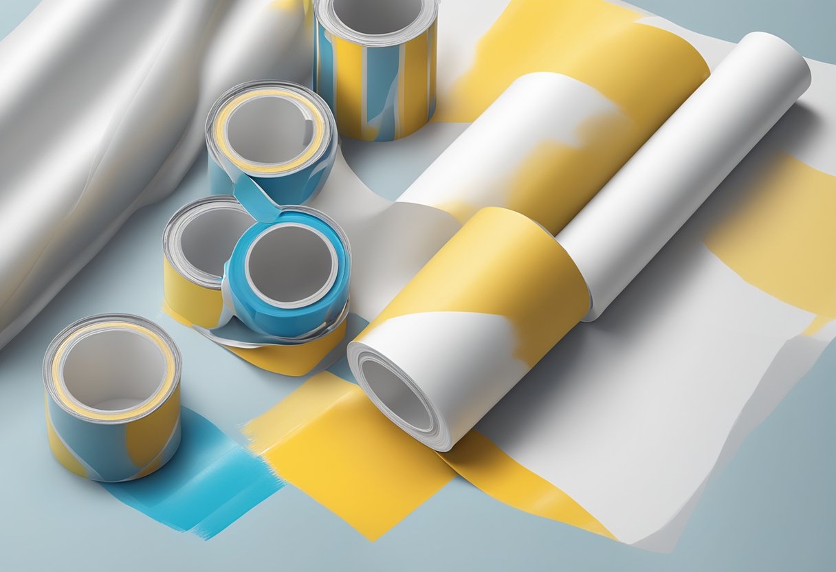 A roll of pretaped masking film unrolling over a surface, with a paintbrush and paint cans nearby