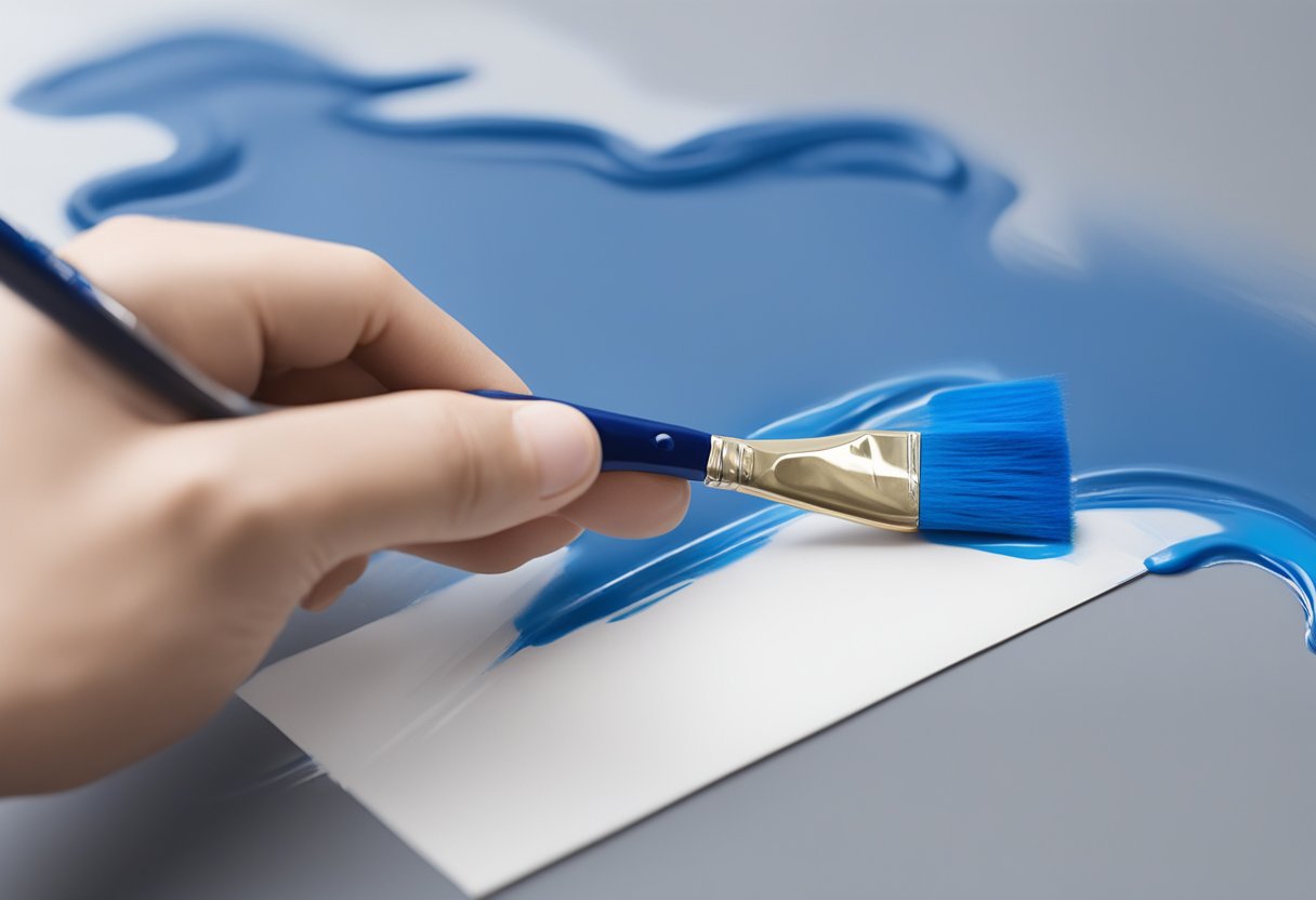 A hand holding a paintbrush applies blue paint onto a pretaped covering masking film, creating a smooth and even layer