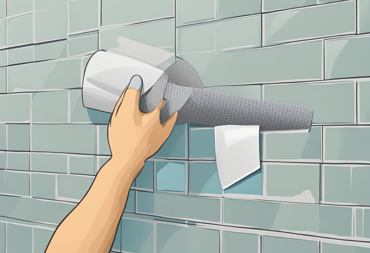A hand holds a roll of fiberglass mesh tape, patching a hole in the wall with a trowel