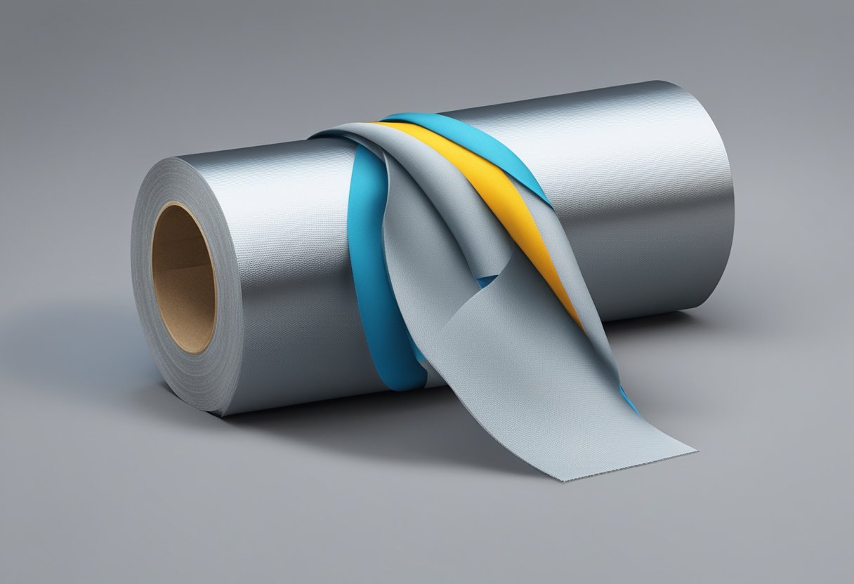 A roll of pipe wrapping cloth tape unraveled on a metal pipe, with the tape neatly wrapped around the pipe's surface
