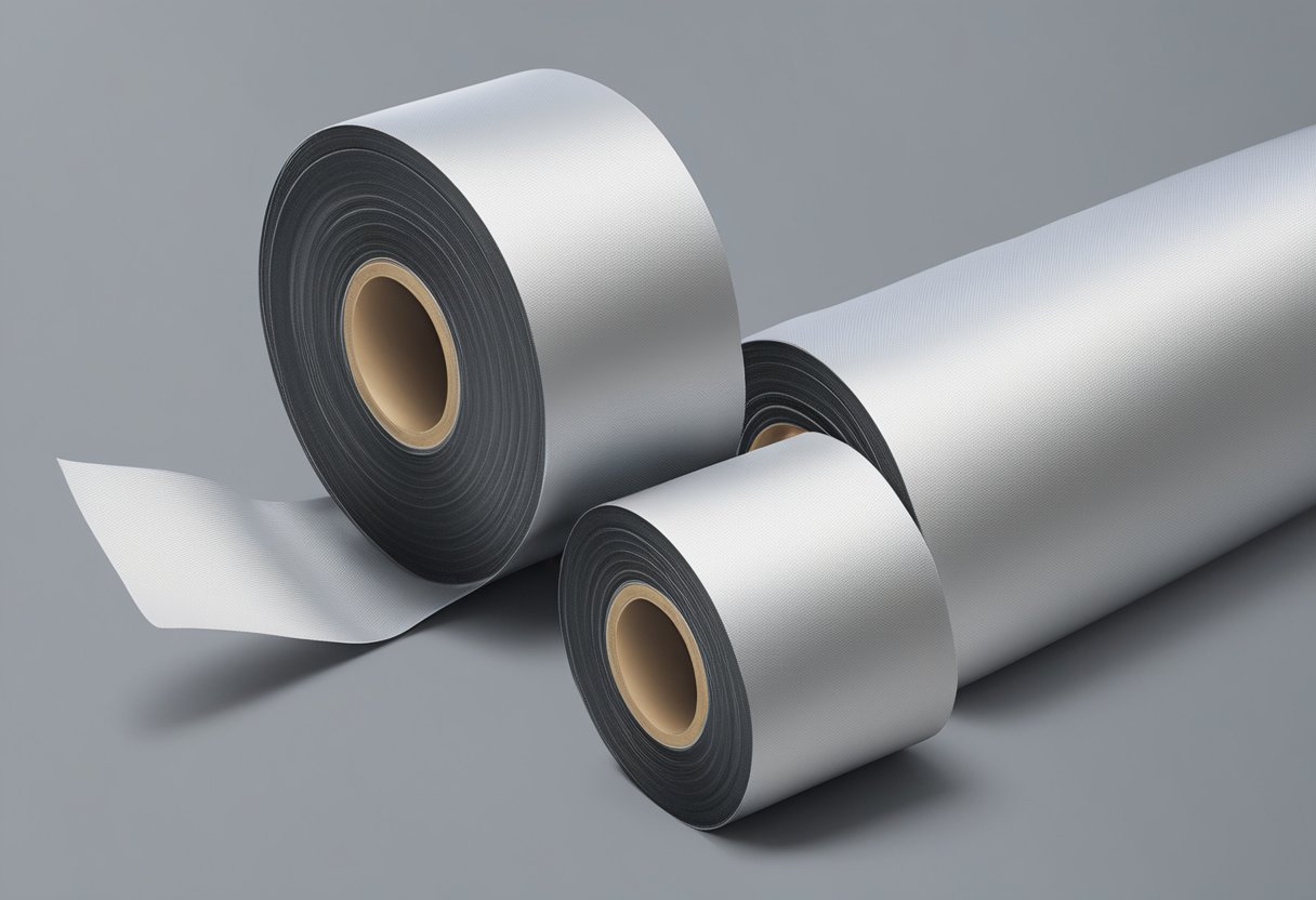 A roll of pipe wrapping cloth tape unraveled and wrapped around a metal pipe, creating a protective layer