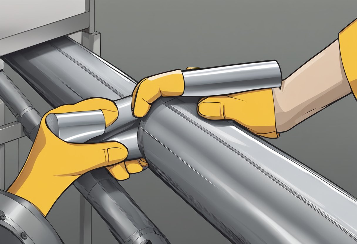 A roll of pipe wrapping cloth tape is being applied to a metal pipe by a pair of hands, ensuring a tight and secure fit