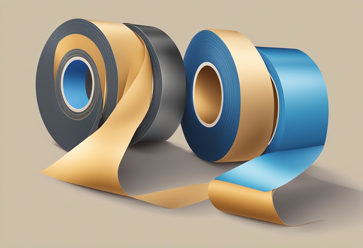 A roll of printed kraft tape unrolling against a plain background