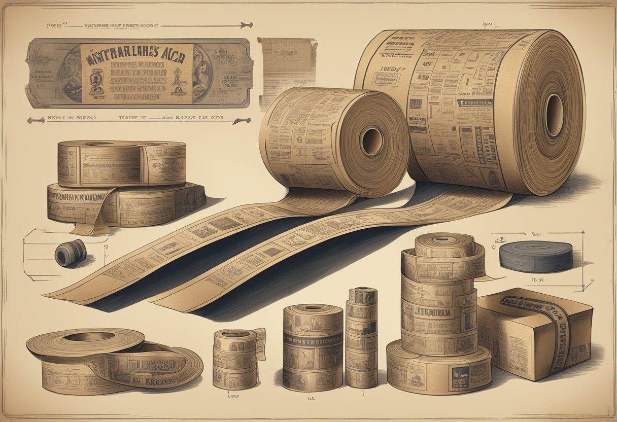 A roll of kraft tape with printed historical timeline and logos, surrounded by vintage printing equipment and packaging materials