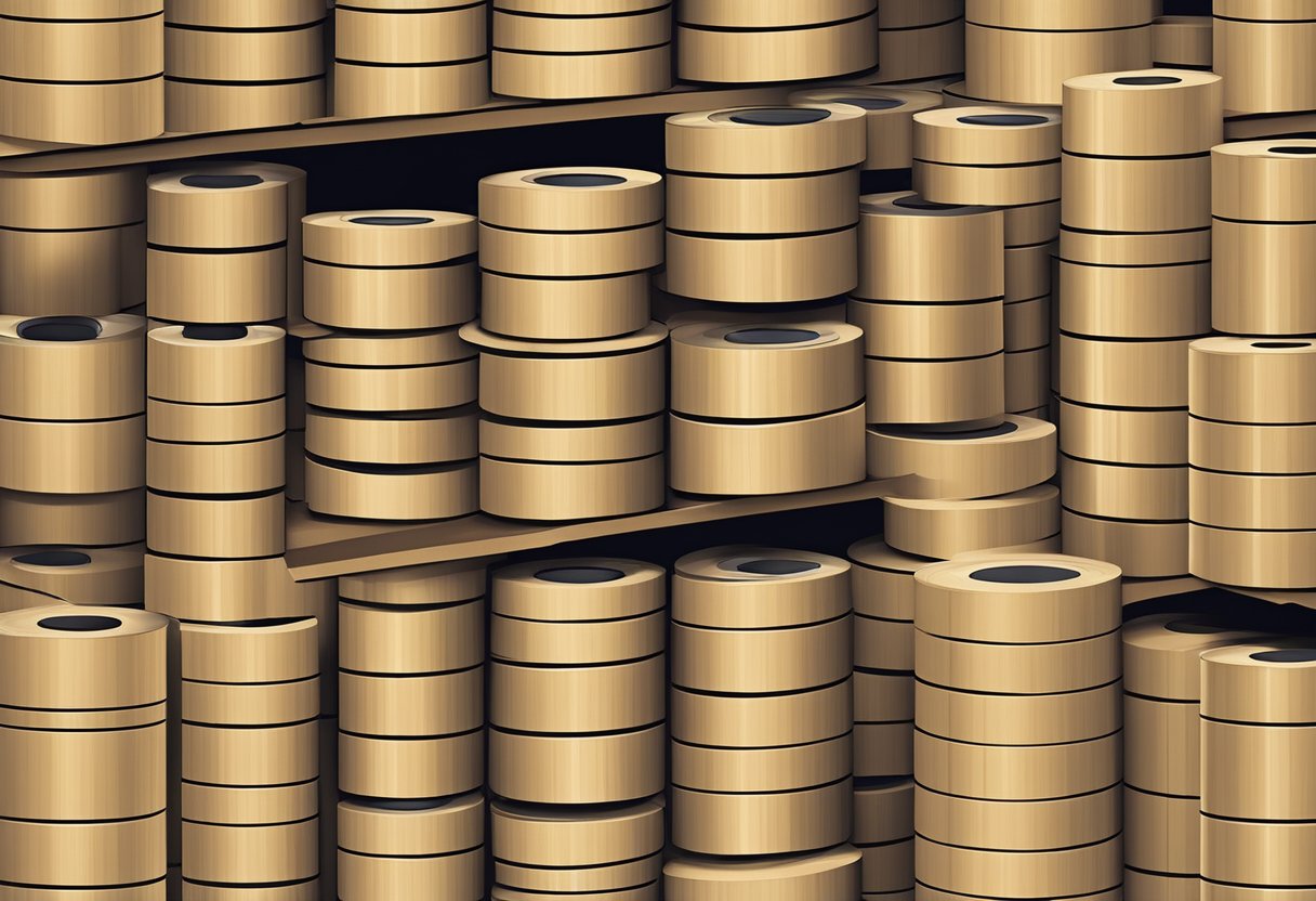 Rolls of printed kraft tape stacked on a warehouse shelf