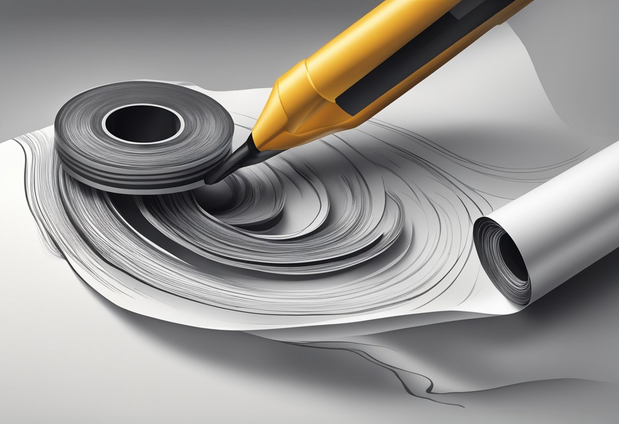 Ink flows onto thin paper, then rolls onto tape