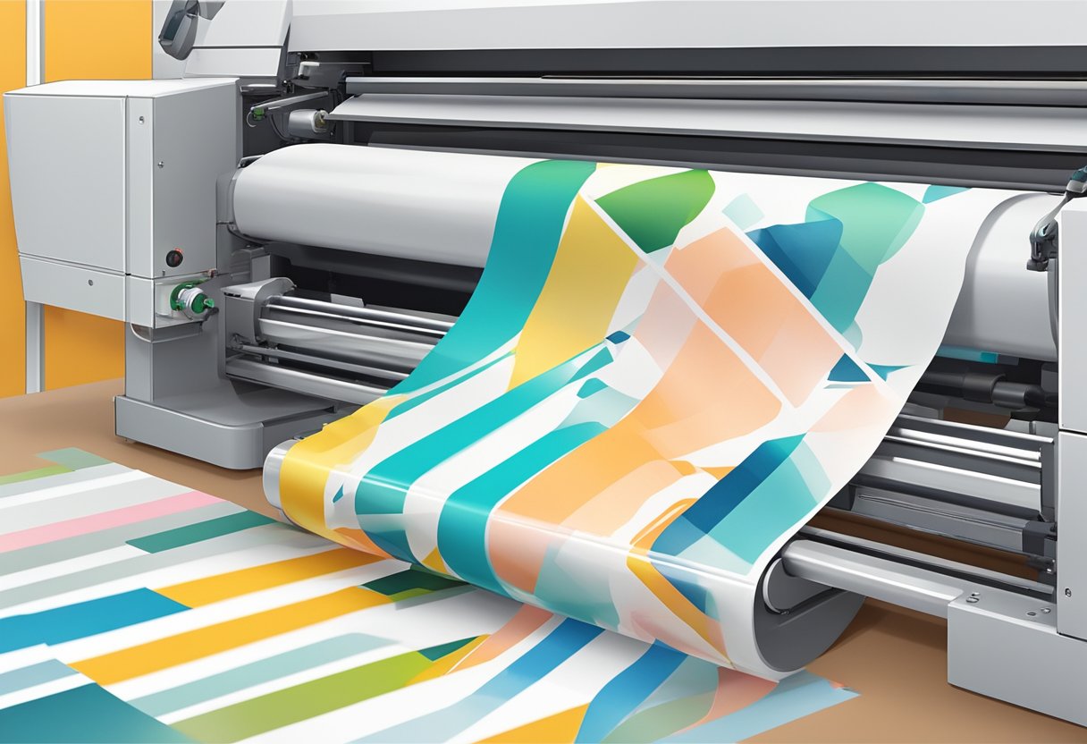 A roll of washi tape being printed with various designs using a printing machine. Ink is being applied to the tape as it moves through the process