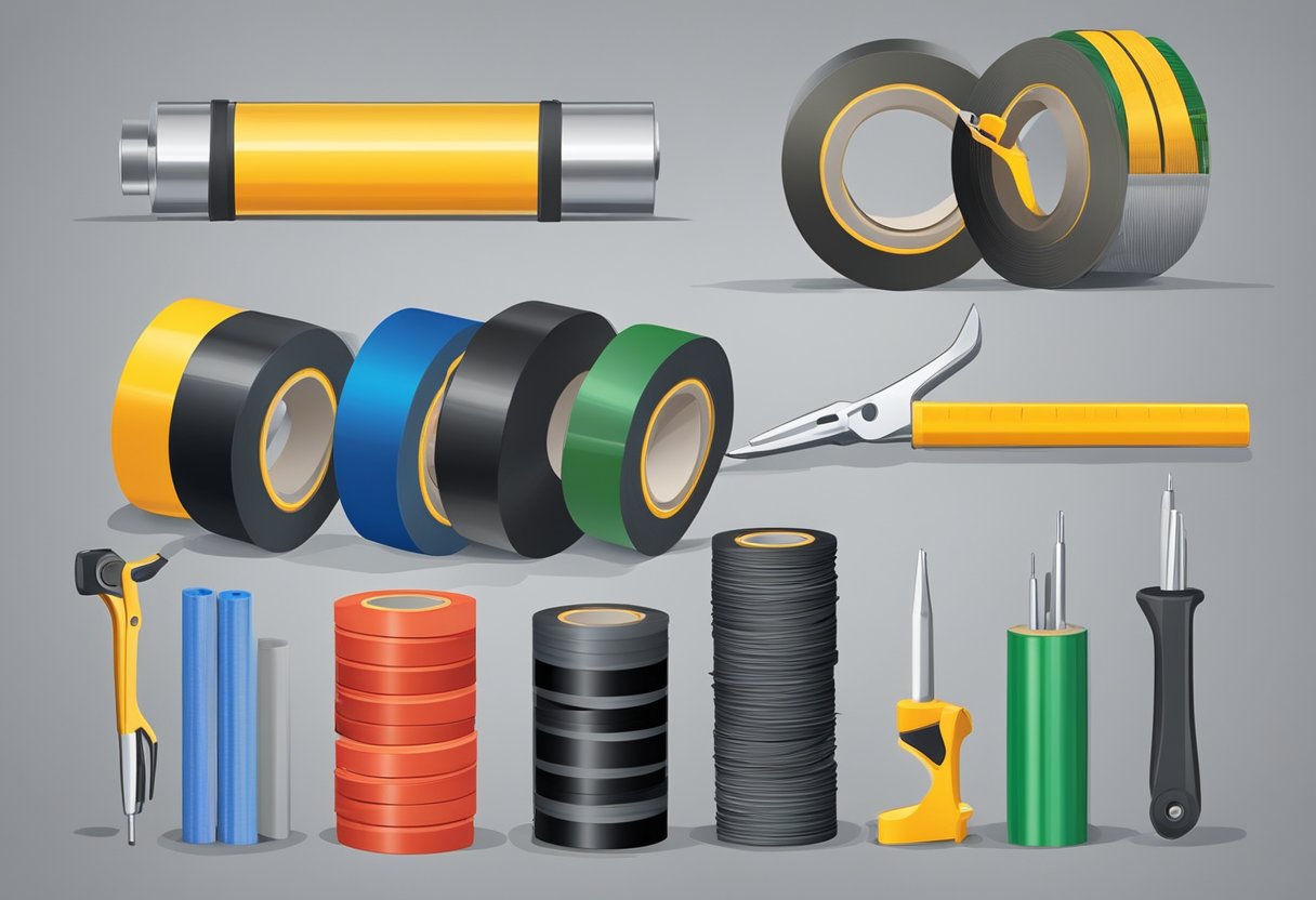 A roll of PVC electrical tape stands on a workbench, surrounded by tools and spools of wire. The tape is unrolled and wrapped around a wire, showing its use in electrical work