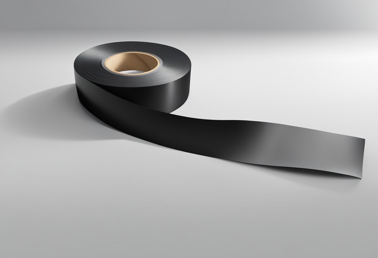 A roll of black PVC electrical tape sits on a clean, white surface, its shiny surface catching the light. The tape is smooth and flexible, with a slight stretch when pulled