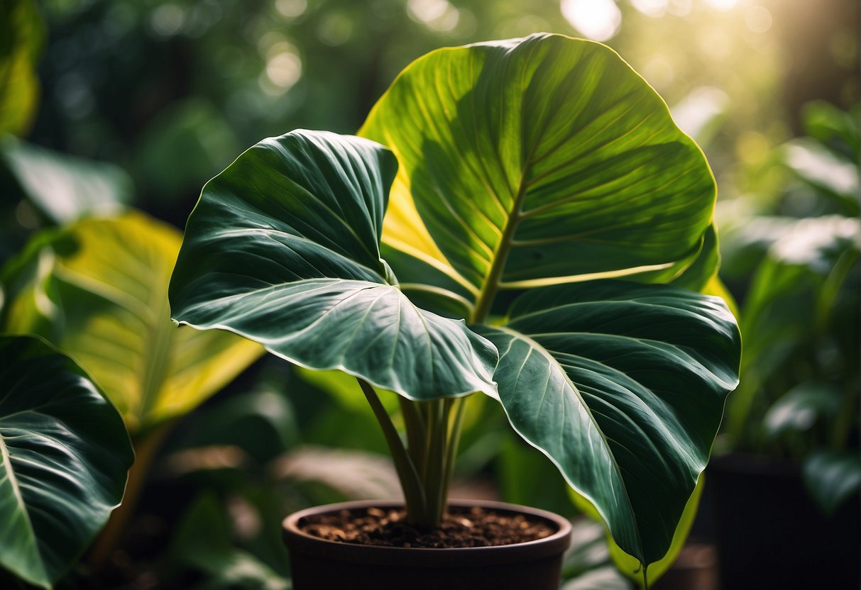 Alocasia Velvet Elvis plant sits in a dappled light, its deep green, velvety leaves glistening with moisture. A backdrop of lush, tropical foliage adds to the plant's exotic allure