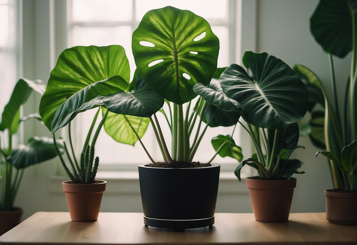 Alocasia Velvet Elvis in a well-lit room with moist soil and a humidifier nearby