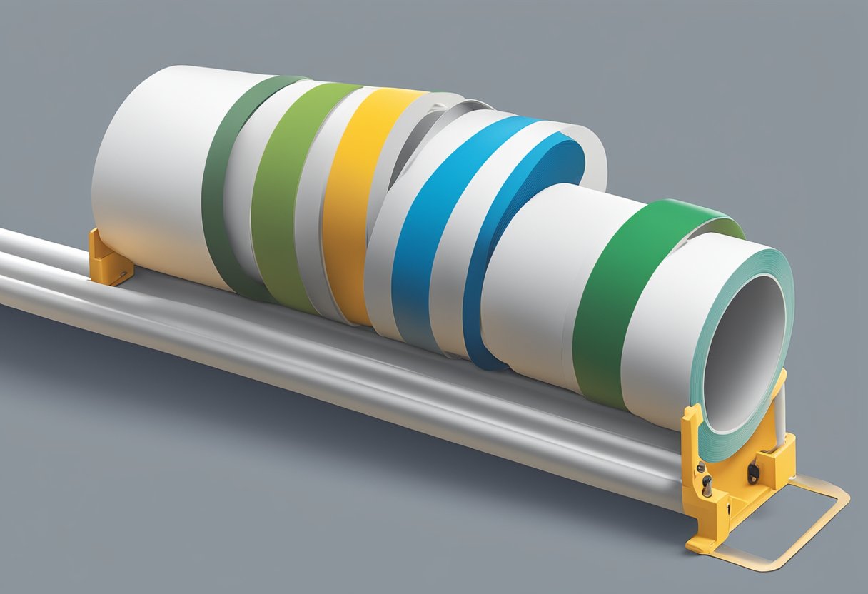 A roll of PVC pipe wrapping tape being stretched and applied to a pipe