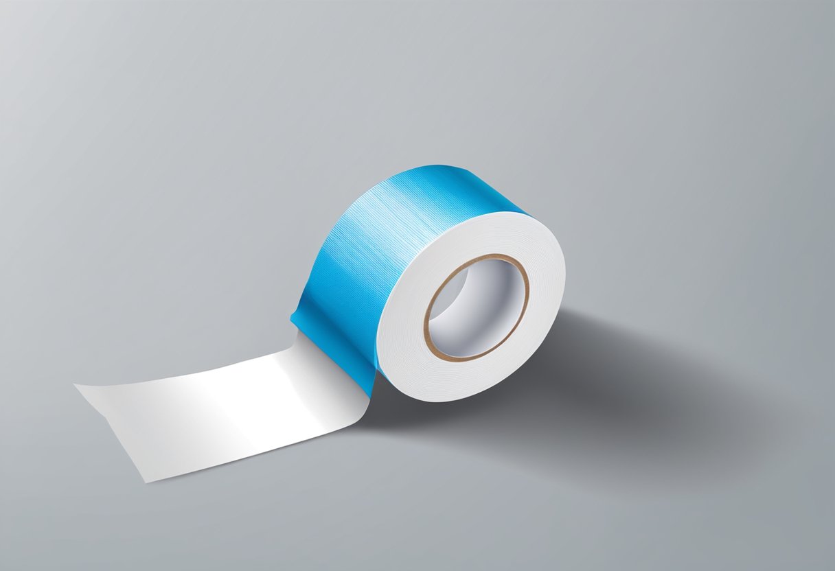 A roll of PVC pipe wrapping tape unwinds, showing its white color and adhesive backing, with the product label visible