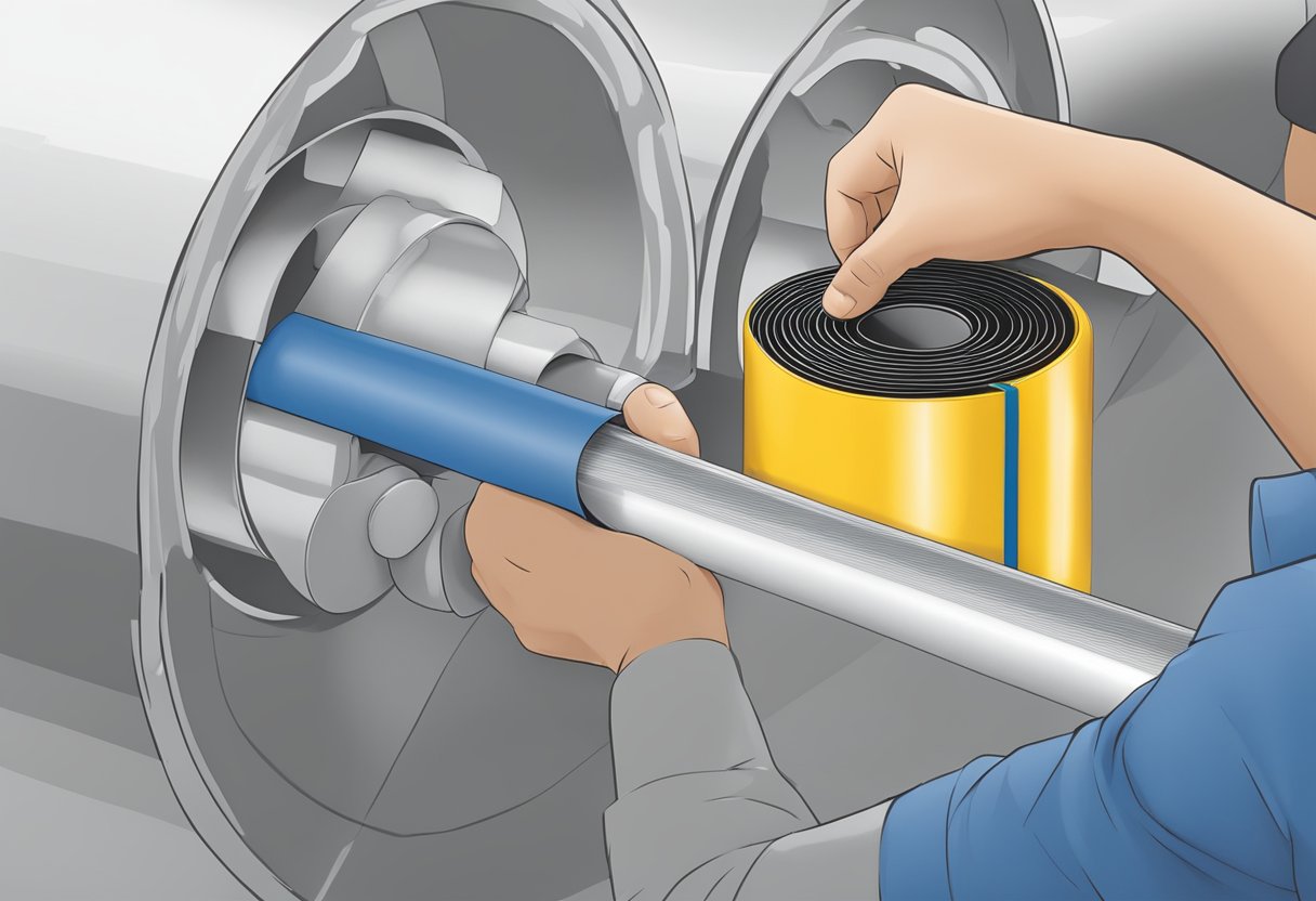 A roll of PVC pipe wrapping tape being applied to a pipe, showing its flexibility and ease of use