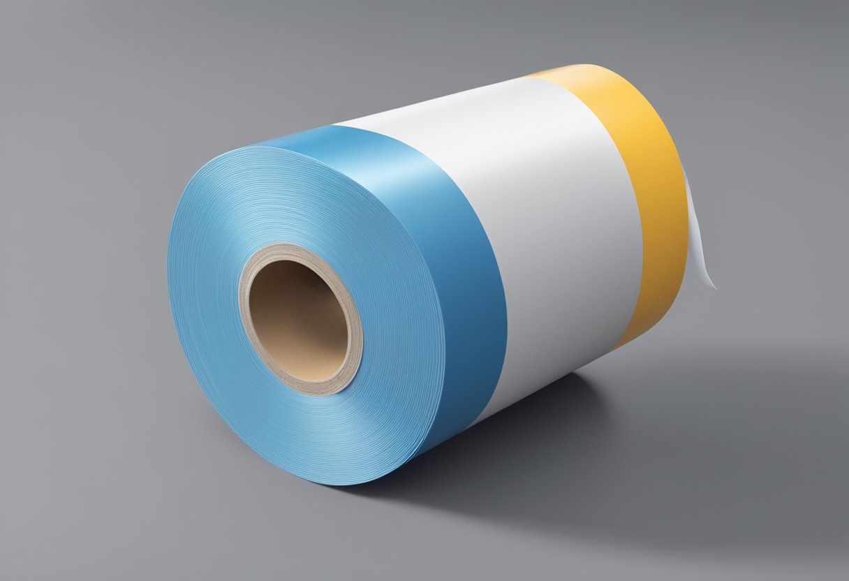 A roll of PVC tape unwinds, wrapping around a pipe. The tape is pulled taut, adhering to the surface as it is applied