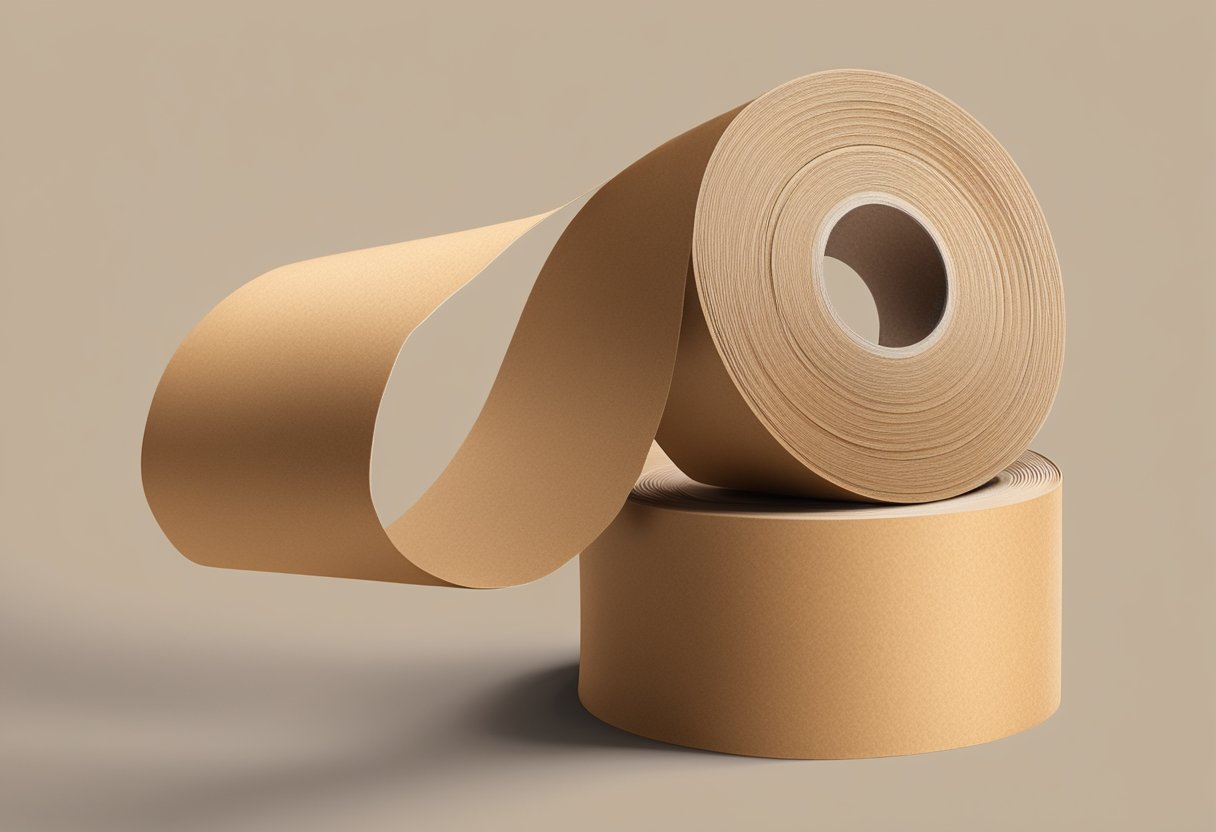 A roll of recyclable kraft tape unwinds, revealing its brown, textured surface. The tape is being used to seal a cardboard box, with the edges neatly folded and pressed down