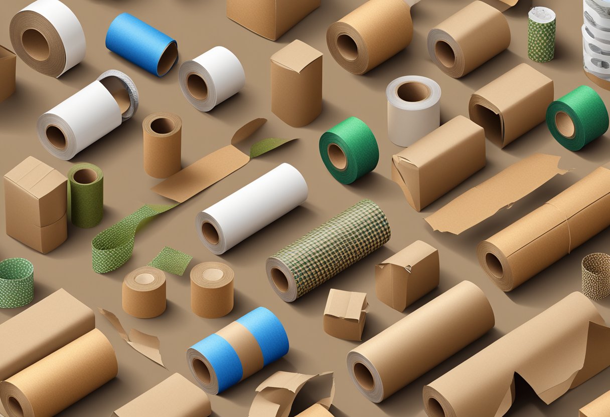 A roll of recyclable kraft tape with torn edges and a cardboard core, surrounded by various recyclable packaging materials