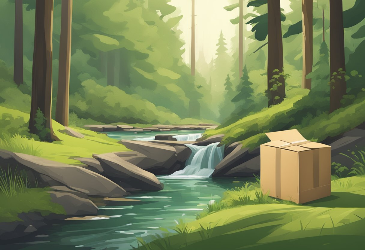 A lush green forest with a clear stream running through it, and a package wrapped in recyclable kraft tape placed next to a recycling bin