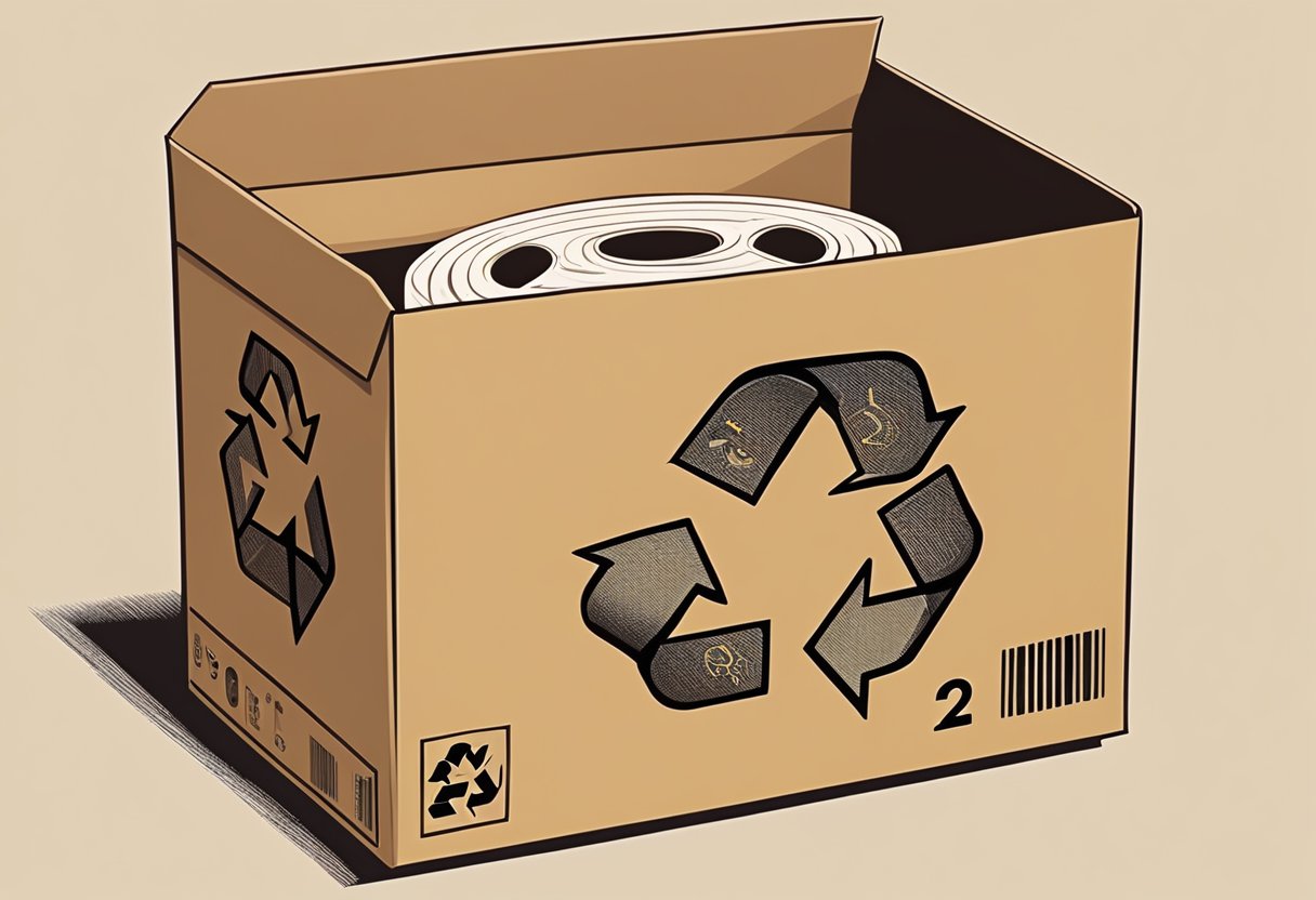 A hand unrolling recyclable kraft tape onto a cardboard box. The tape is brown with visible fibers, and the box is labeled with recycling symbols