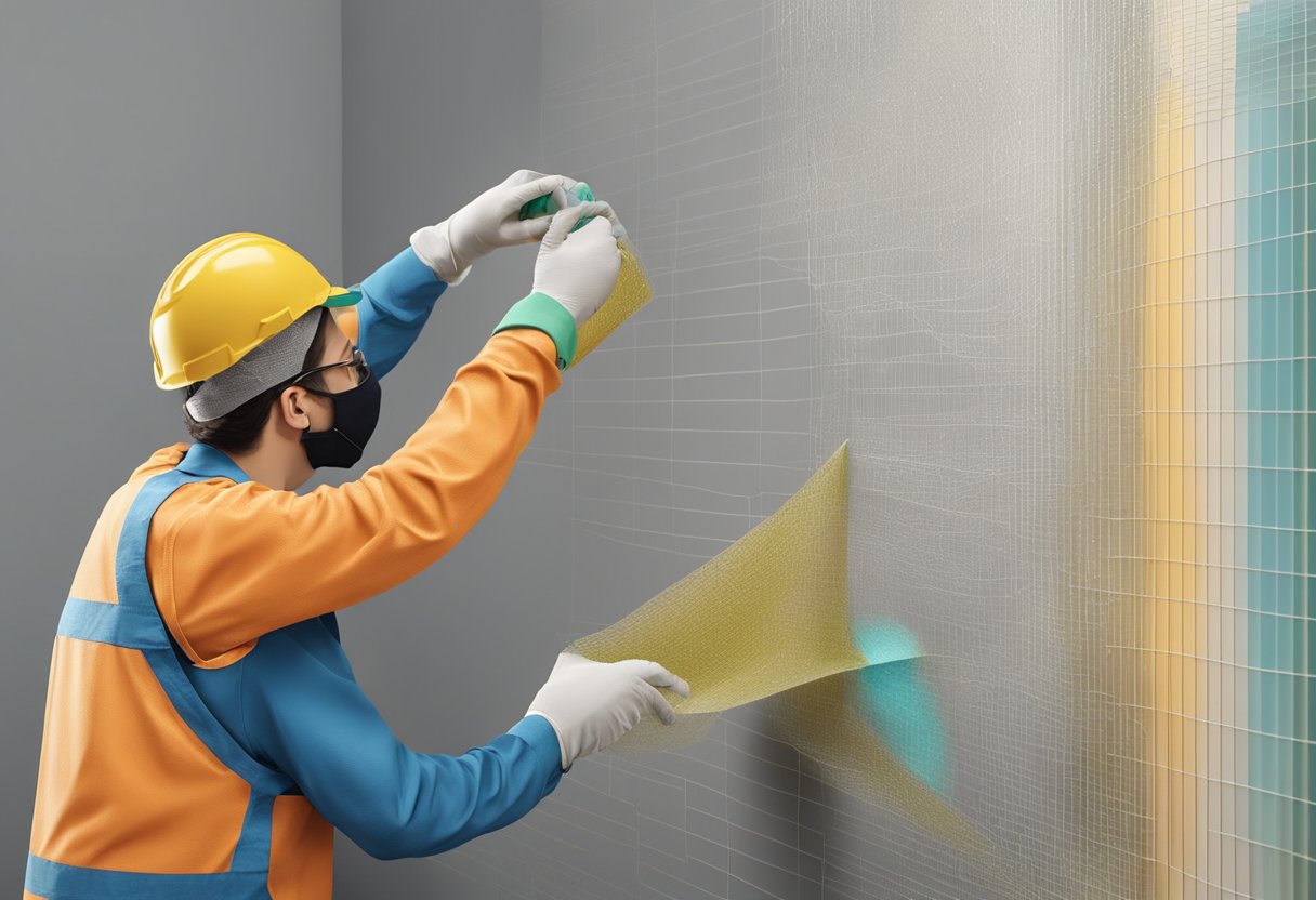 A person applies resin to fiberglass mesh tape on a wall