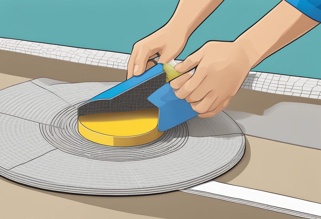 Fiberglass mesh tape being applied to a damaged surface with a putty knife and adhesive